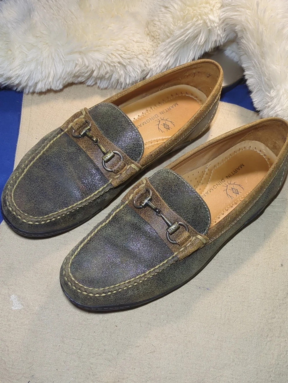 Martin Dingman Olive Green & Brown Leather Bit Loafers Pristine Condition $125